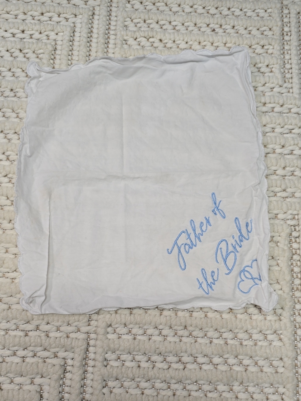 Father of the Bride Embroidered Handkerchief in White with Blue Script